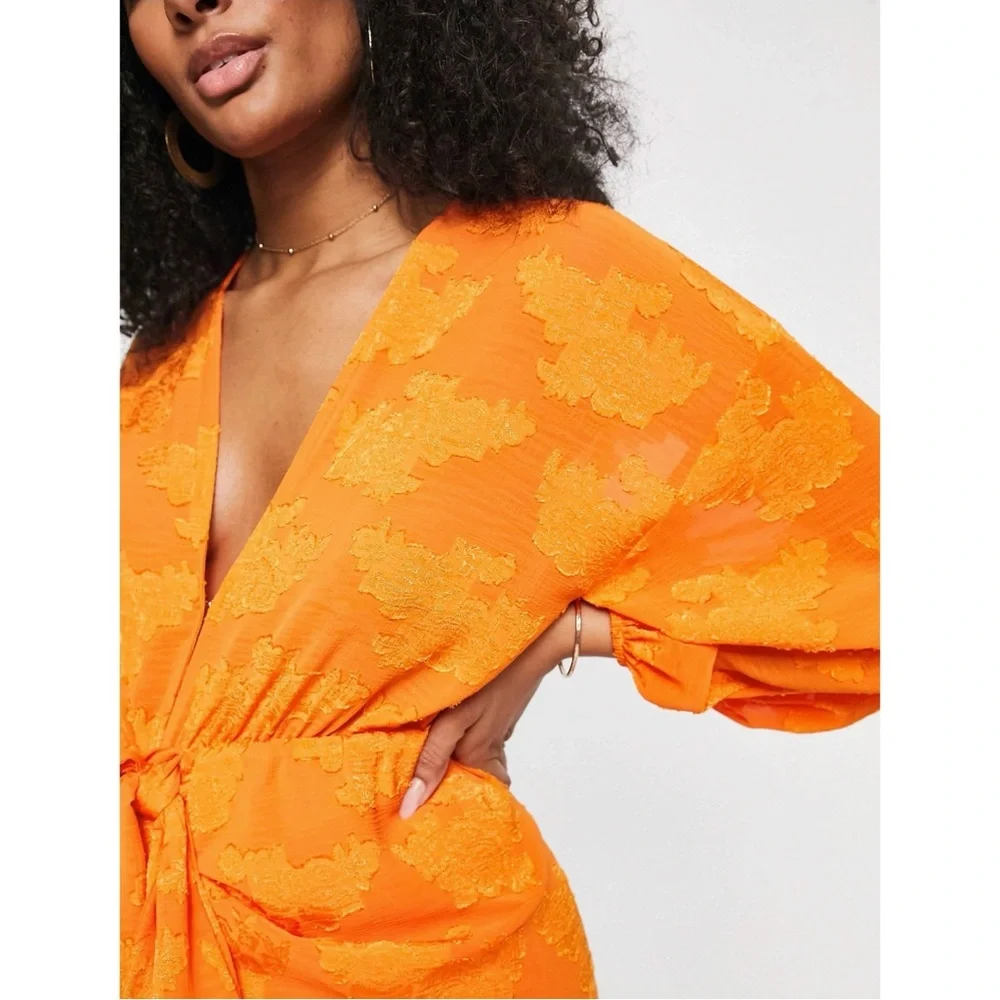 Orange Floral Wrap Tie Dress - Picture 3 of 7